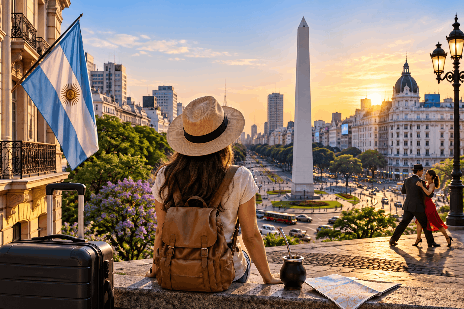 Turismo en Buenos Aires con el Obelisco, viajera, tango y paisaje urbano al atardecer.